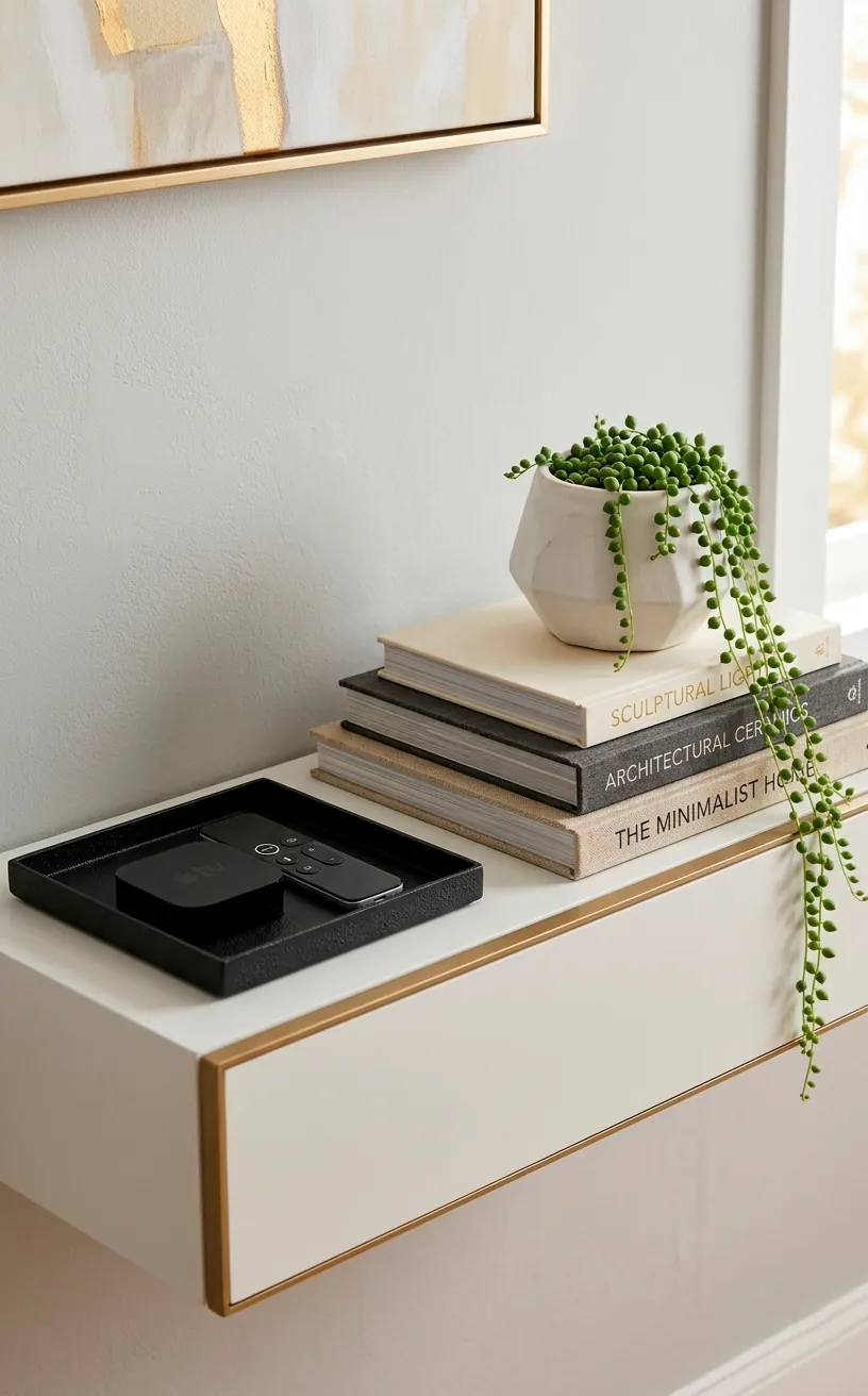 Stylishly decorated floating console with a succulent plant, books, and a remote tray.