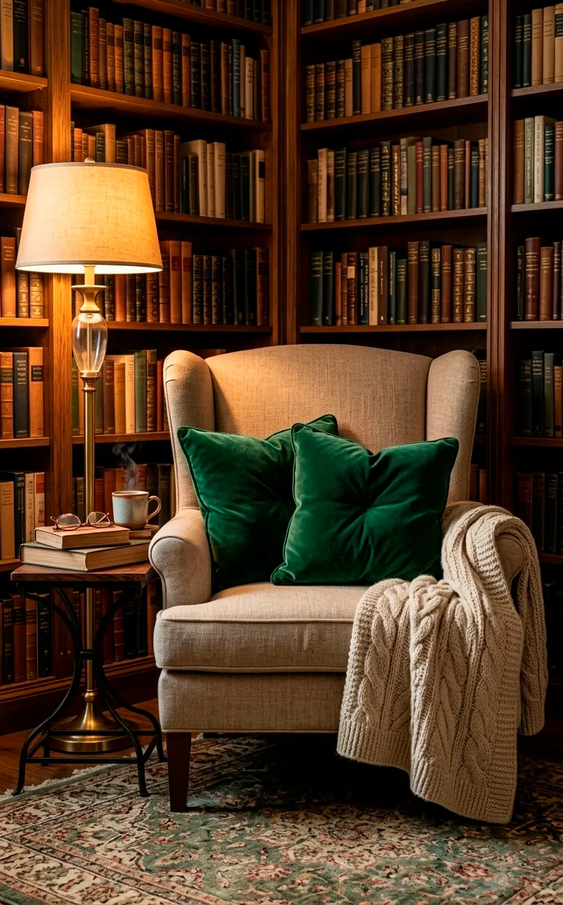 Emerald green velvet throw pillows on a reading chair in a library nook.