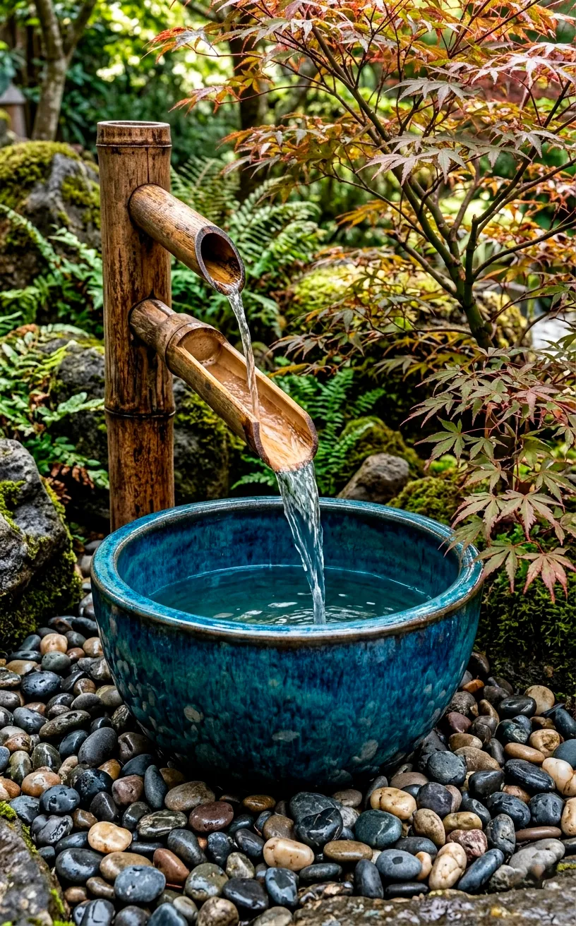 Bamboo water spout pouring into a cerulean blue ceramic basin.