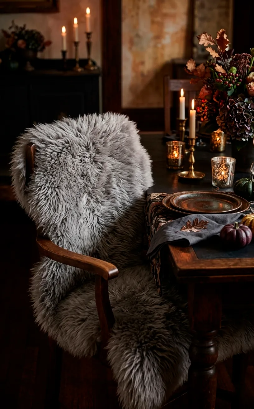 Grey sheepskin draped over a dining chair at a dark wooden table.
