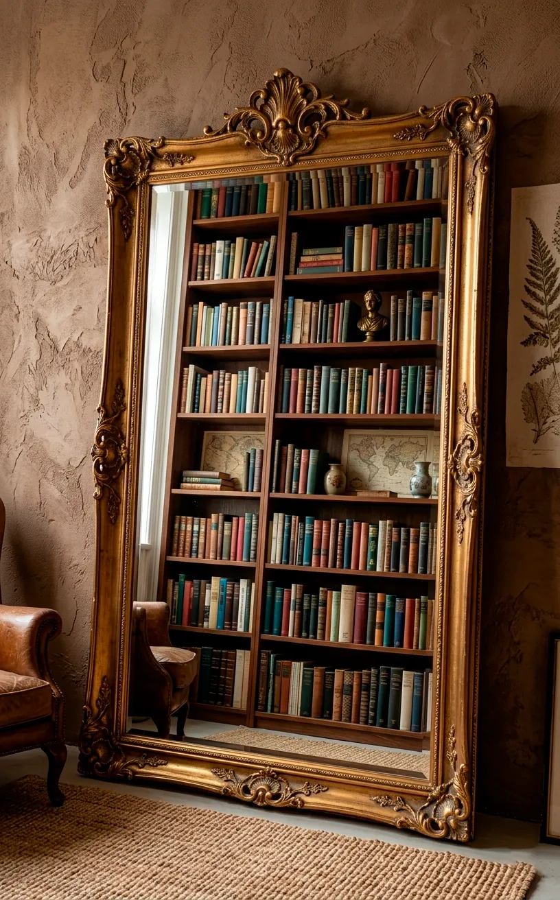 Large gold-framed mirror reflecting a full bookshelf to create the illusion of more space.