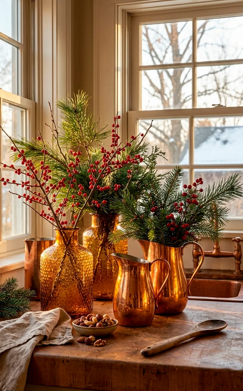 Kitchen counter with amber glass vases and copper pitchers filled with festive winter greenery.