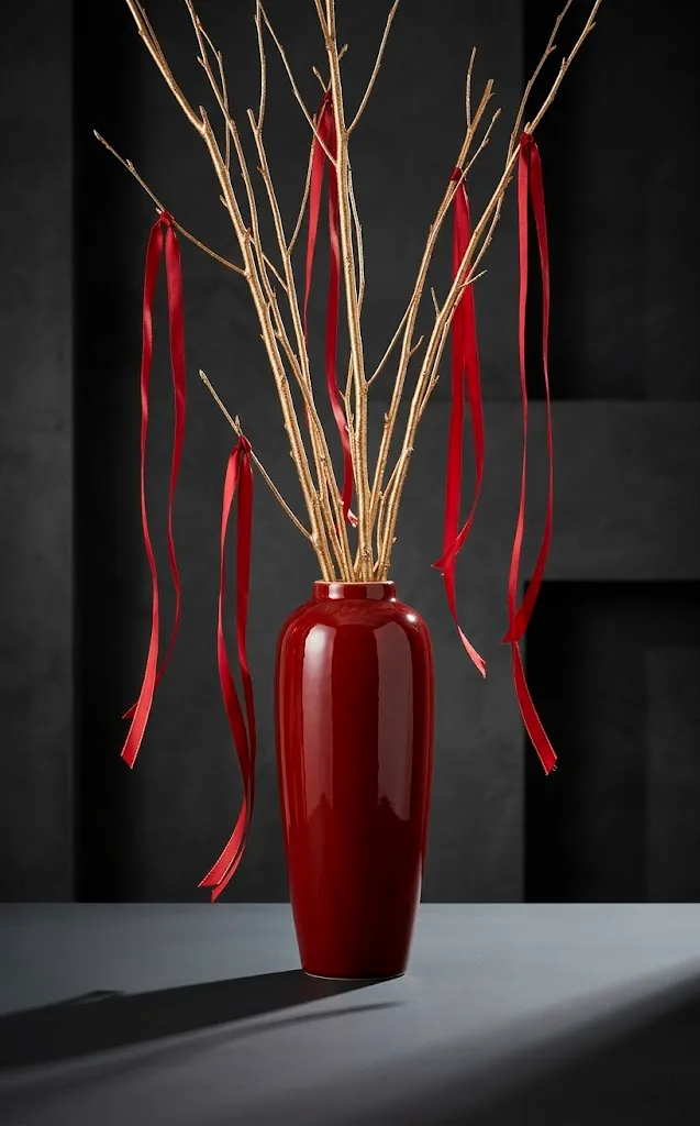 Tall red vase with gold birch branches and hanging red silk ribbons.