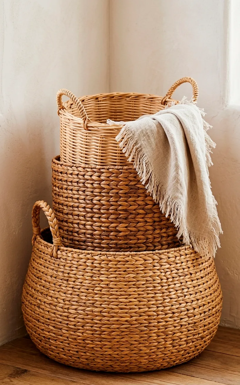 Natural wicker baskets with linen throw blanket.
