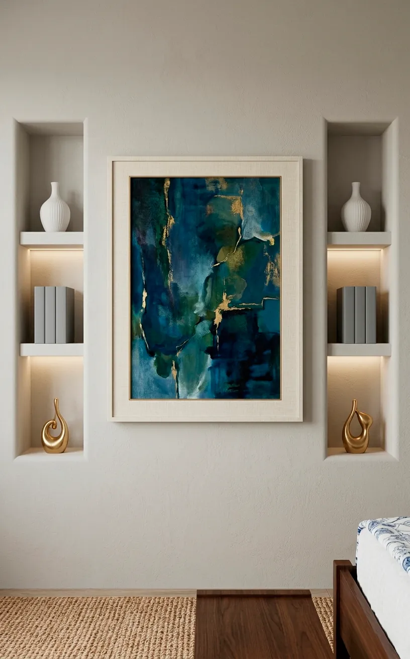 Symmetrical wall niches with mirrored decor and gold sculptures.