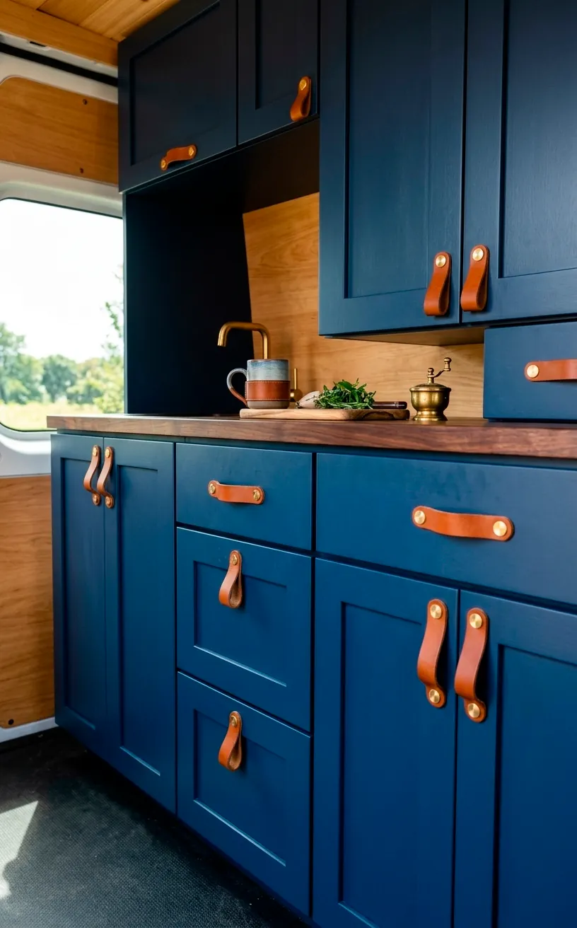 Navy blue van cabinets with cognac leather pulls and brass hardware.