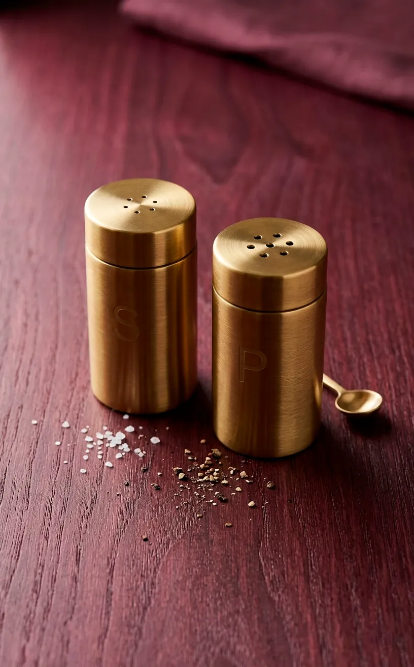 Close-up of brushed gold salt and pepper shakers on plum-stained wood.