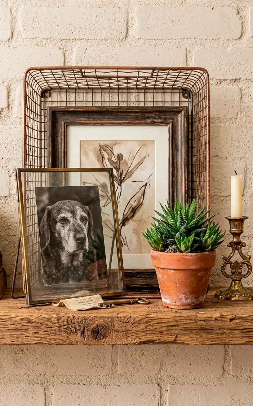 Detail of layered frames and decor objects on a floating gallery shelf.