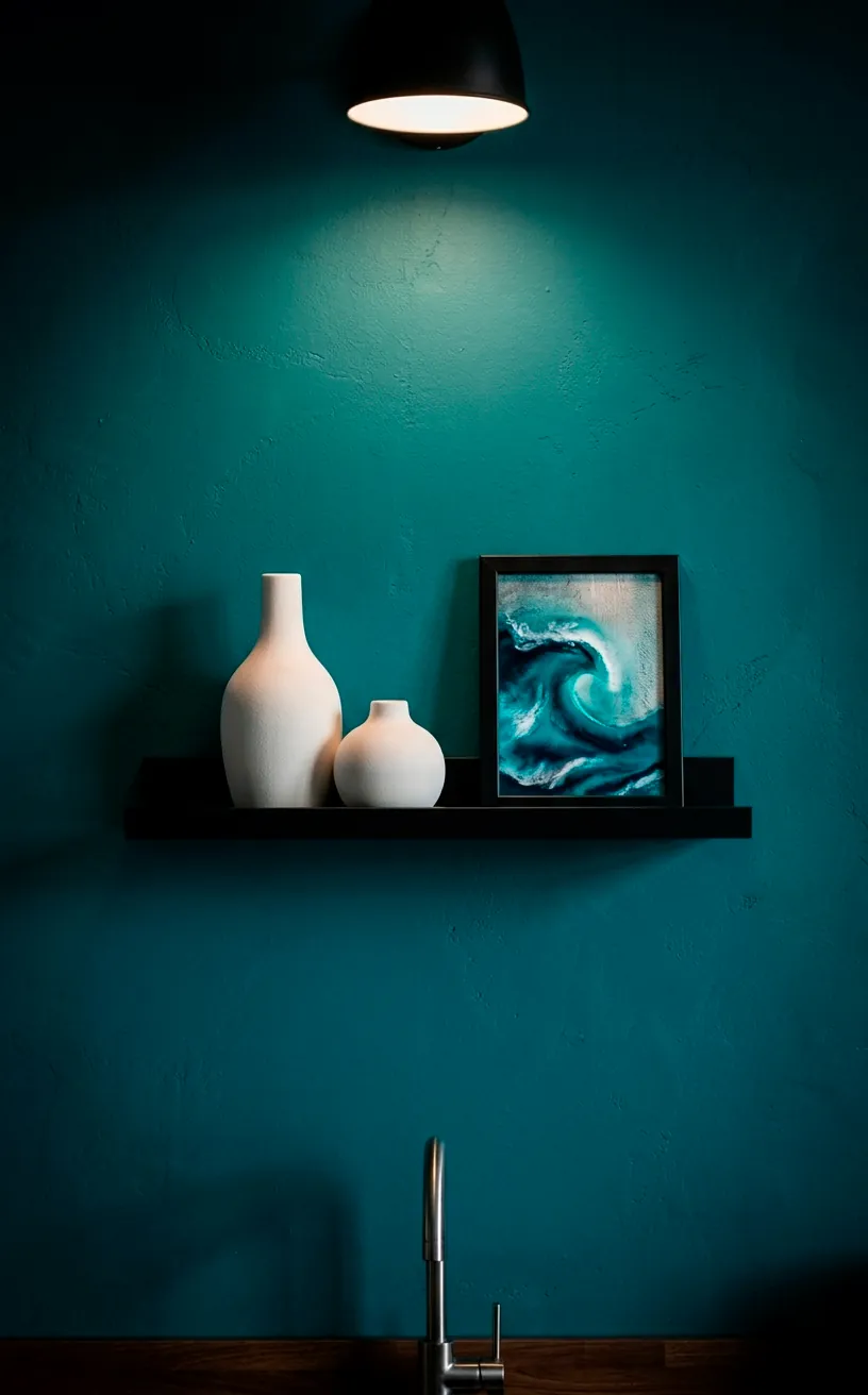 Teal kitchen wall with black shelf and ocean art.