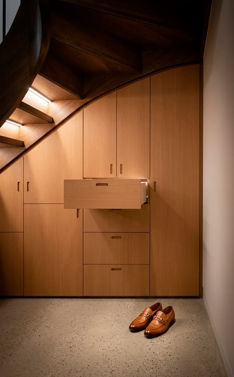 Close-up of seamless push-to-open storage drawers built into the side of a modern staircase.