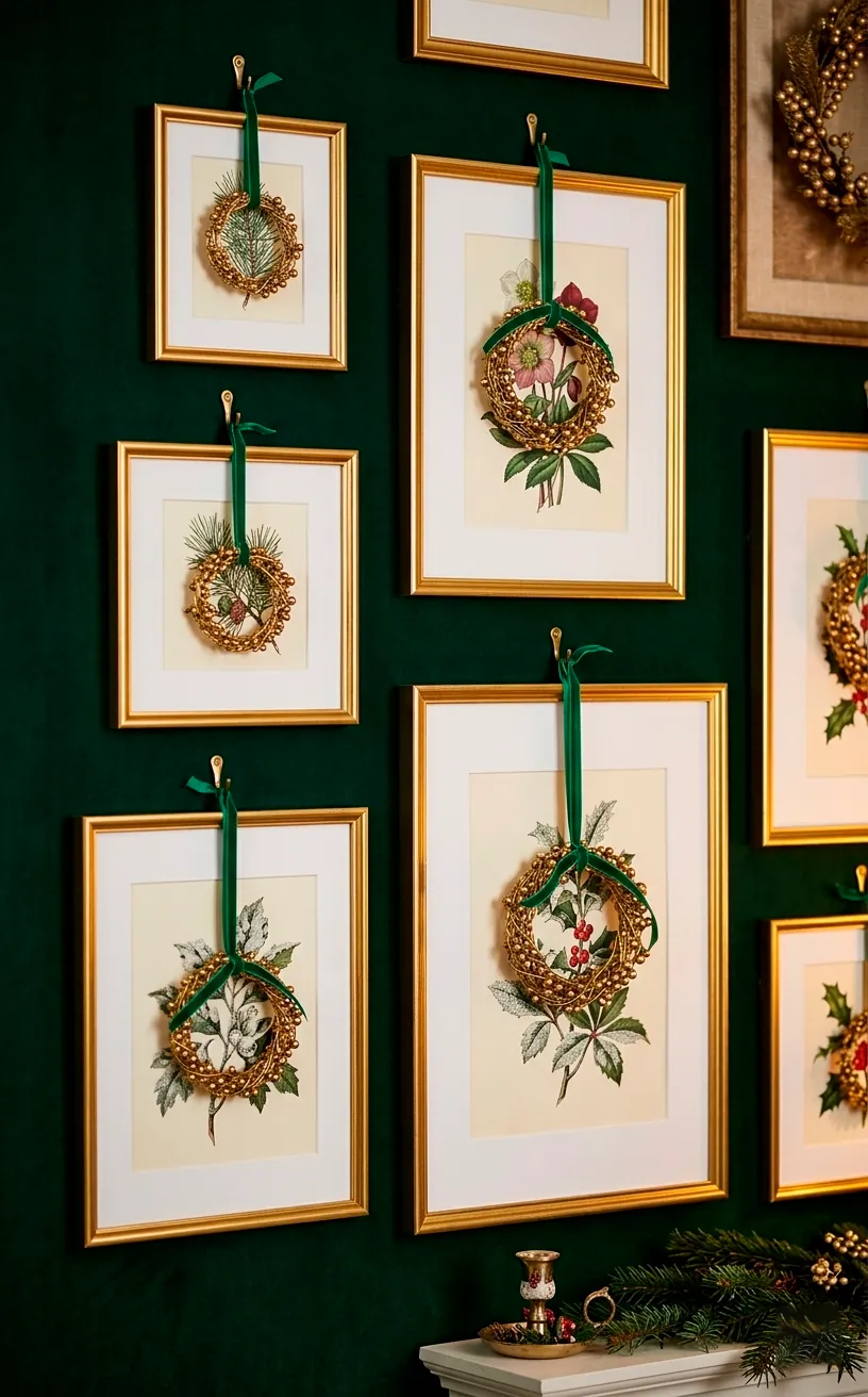 Gold framed botanical prints on an emerald green wall with gold wreaths.