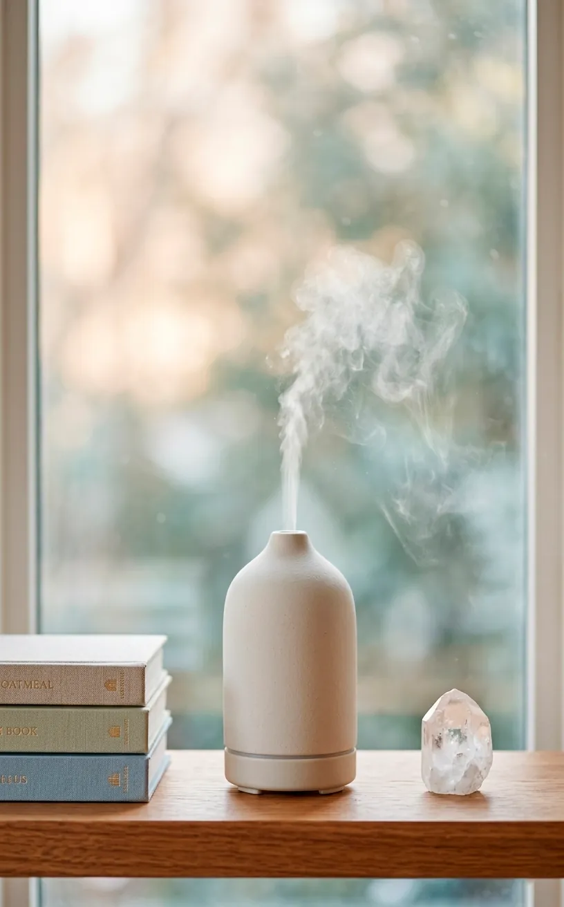 A ceramic essential oil diffuser creating a calm sensory atmosphere in a studio.