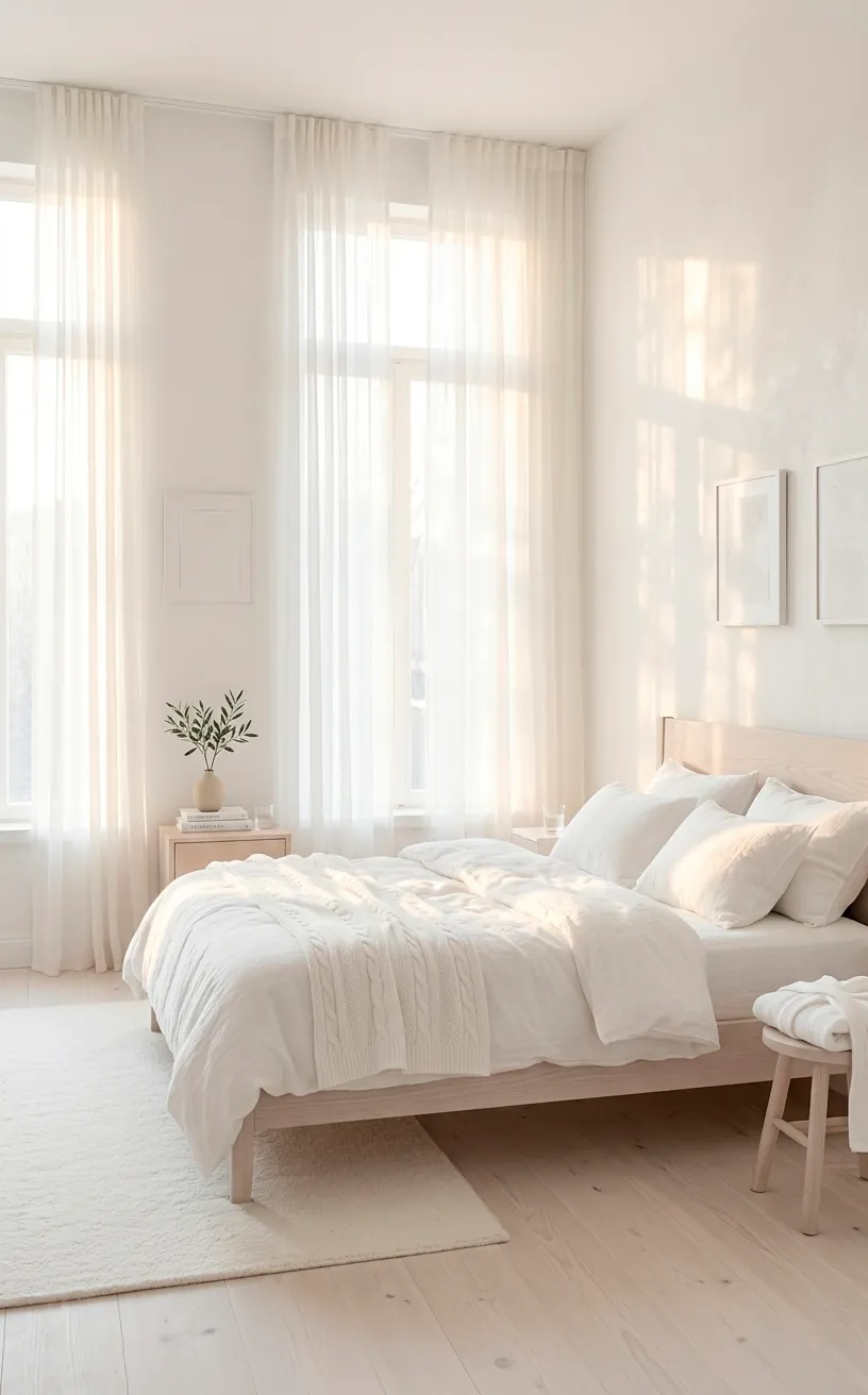 Bright bedroom with sheer curtains and plenty of natural spring sunlight.