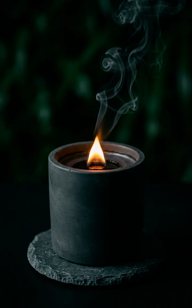 Dark candle with a burning wood wick in a moody room.