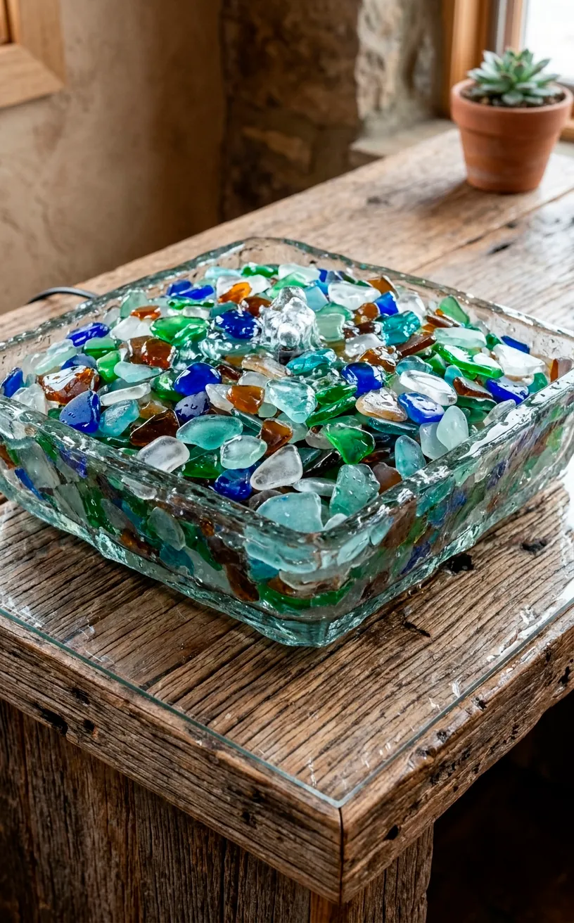 Recycled sea glass basin water feature on a reclaimed wood desk in a natural office.