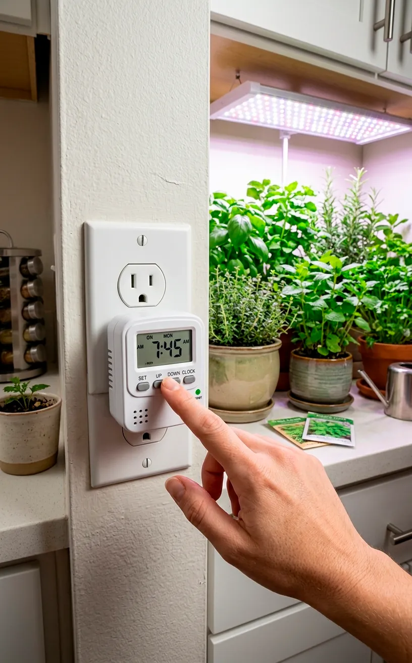 Hand adjusting a digital plug-in timer for kitchen grow lights in a bright modern home.