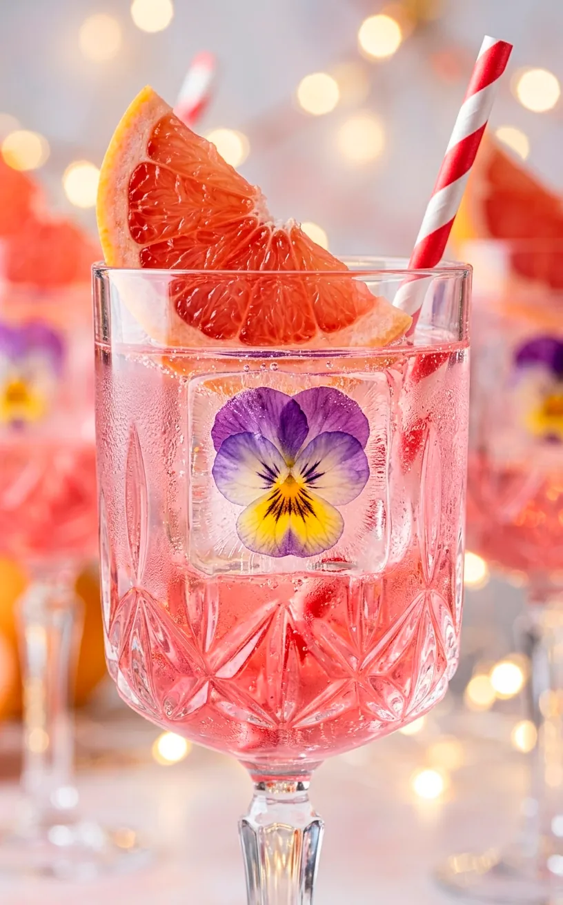 Close up of a spritz cocktail with an edible flower ice cube and grapefruit garnish.