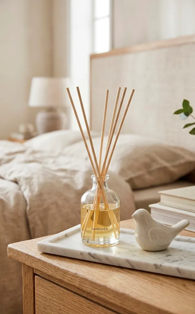 Reed diffuser on a marble tray in a bright guest bedroom.