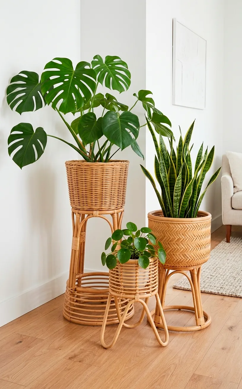 Three woven rattan plant stands of varying heights holding lush green houseplants.