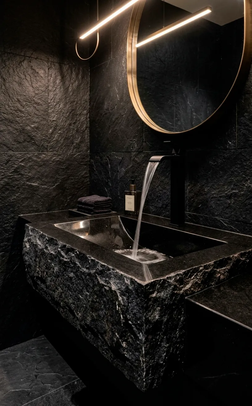 Carved black granite sink with a waterfall faucet in a dark bathroom.