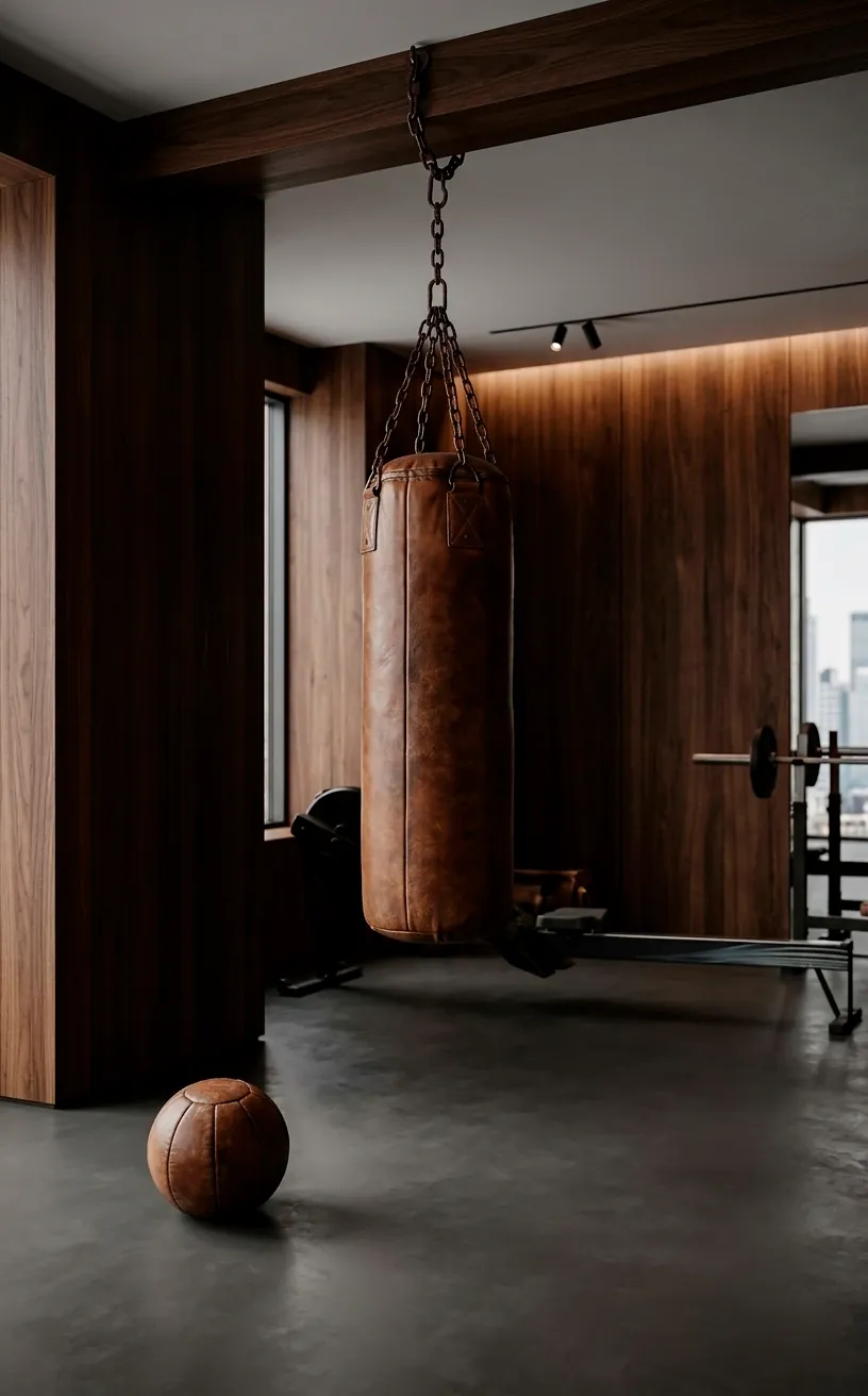 Retro leather punching bag in a luxury gym with dark wood paneling.