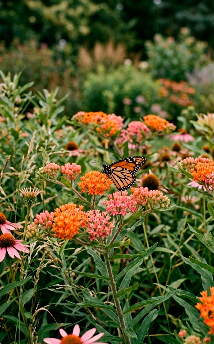 Close-up of native garden flowers and a butterfly in a peaceful backyard.