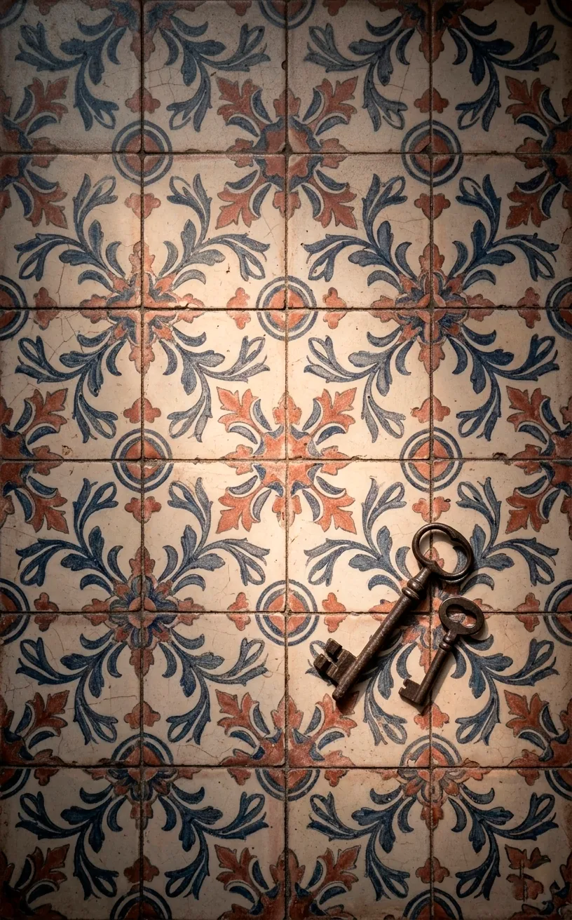 Faded floral encaustic vinyl tile detail with muted vintage colors.
