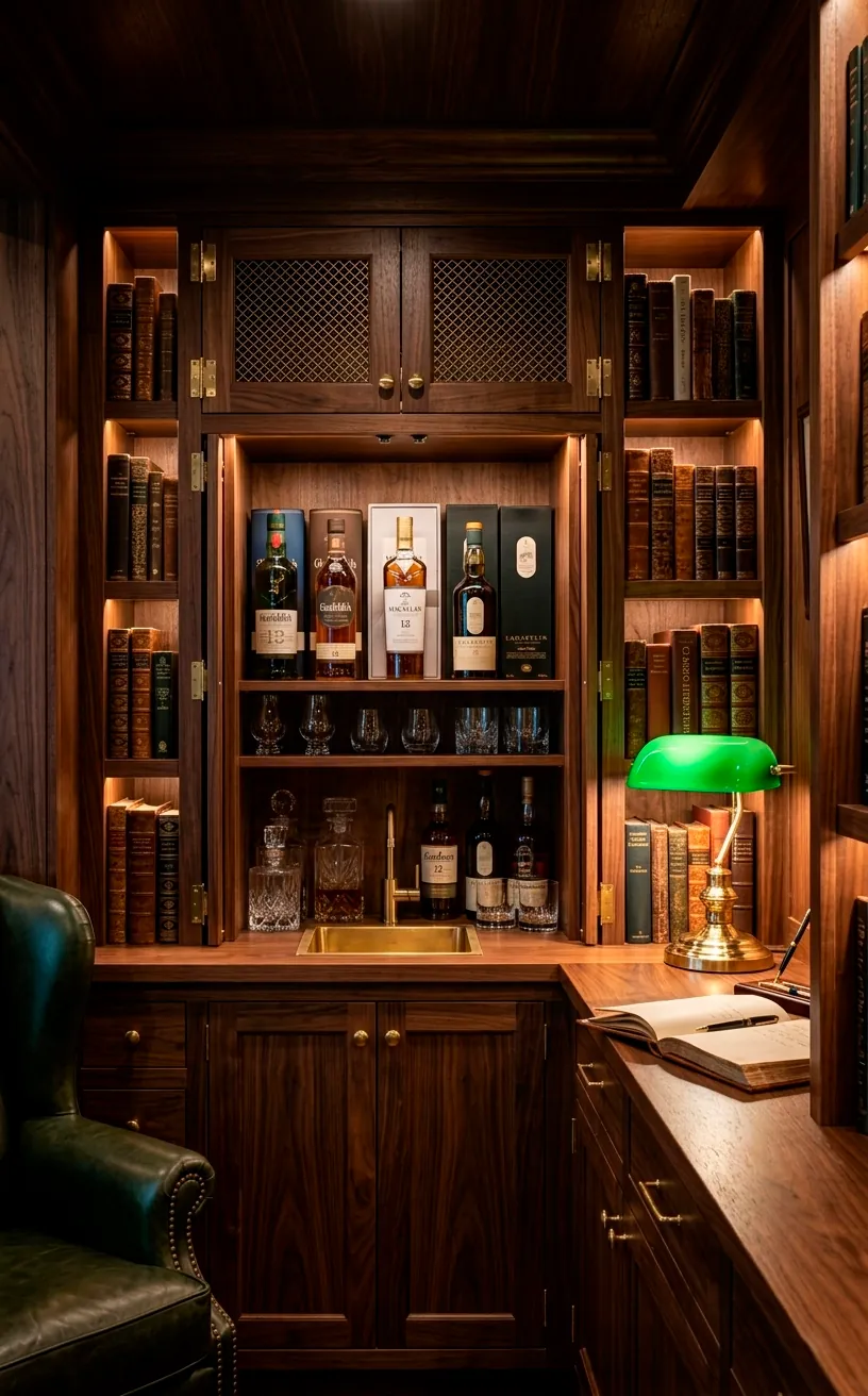 Dark walnut bar cabinet with brass hardware in a moody library.