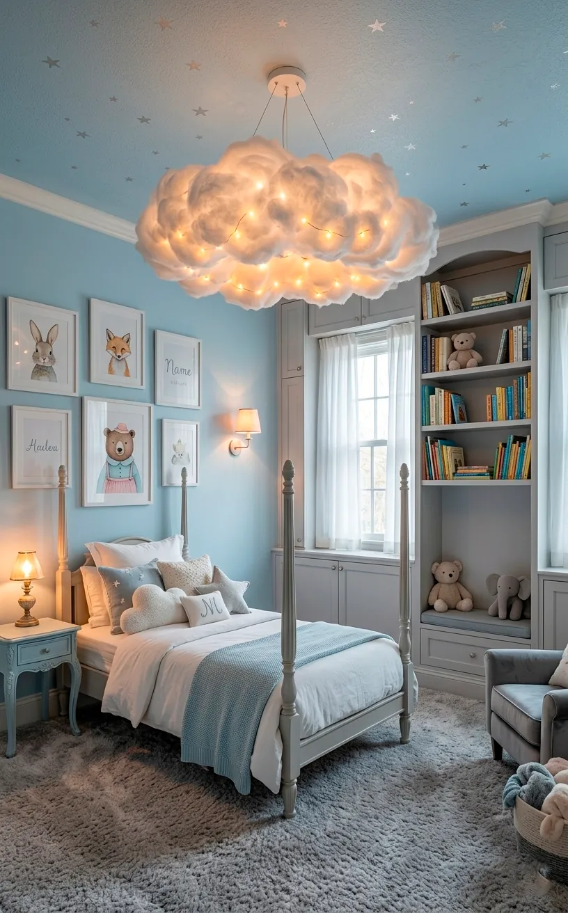 Soft white cloud chandelier in a cozy light blue luxury bedroom.