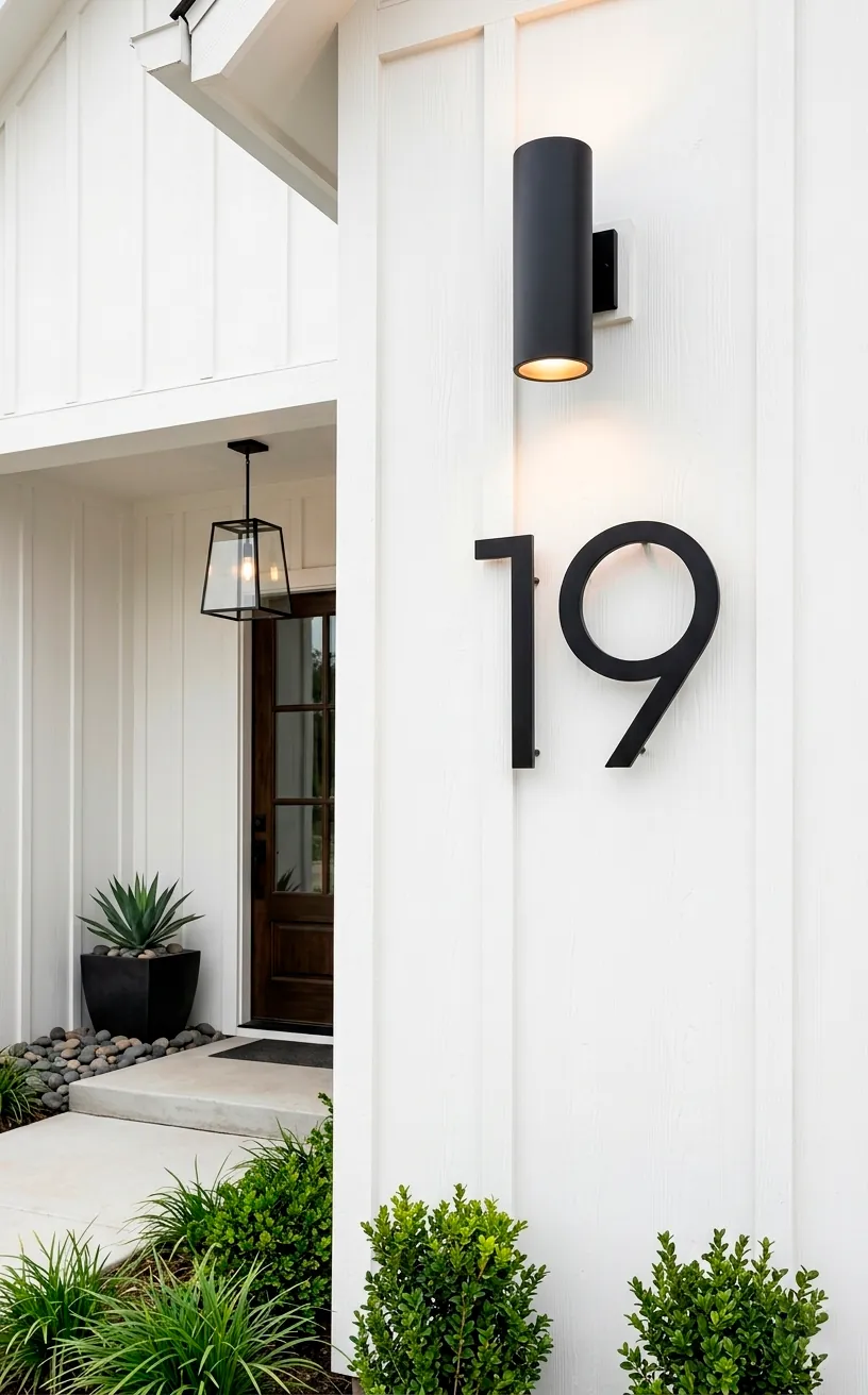 Floating black steel house numbers on a white board-and-batten wall.