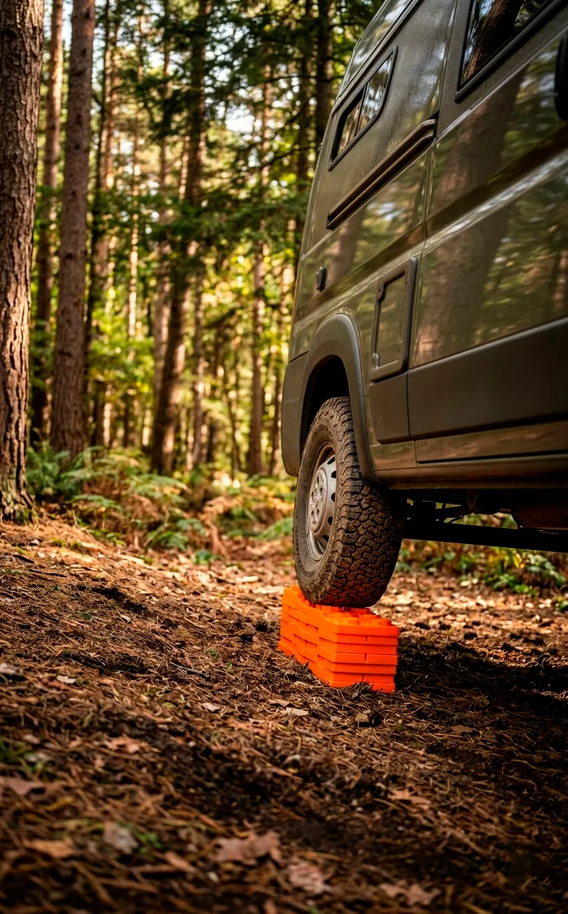Van tire parked on orange leveling blocks in the woods.