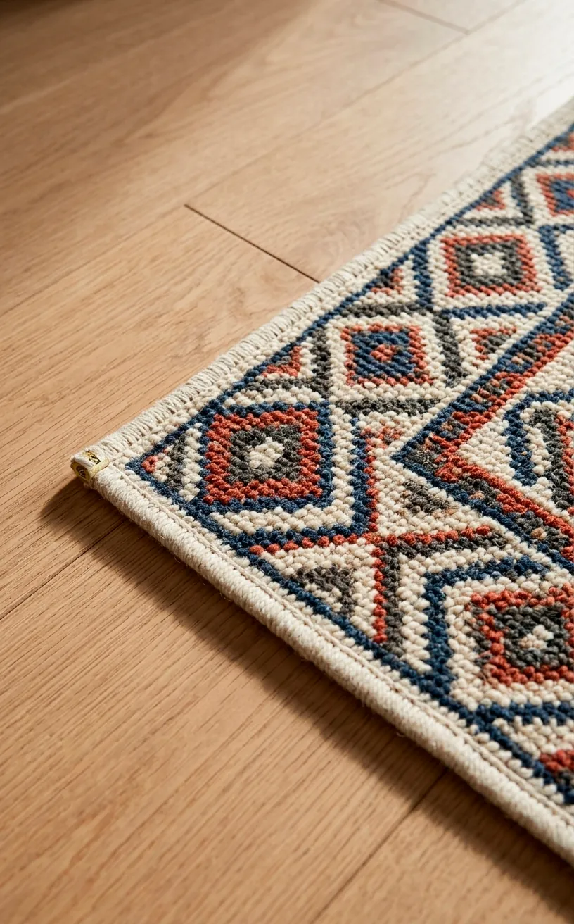 Close-up texture of a geometric blue area rug on wood flooring.