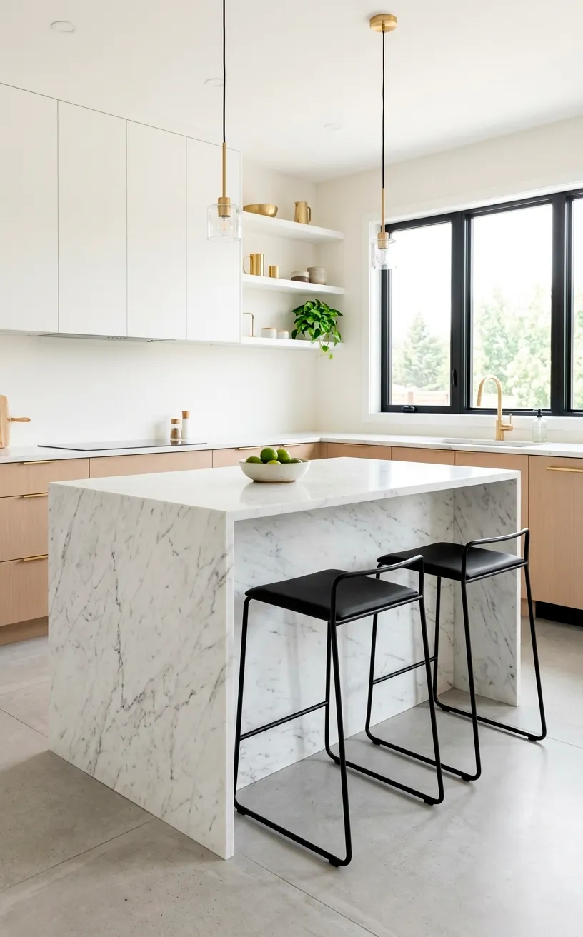 Sleek matte black metal bar stools at a white marble kitchen island.
