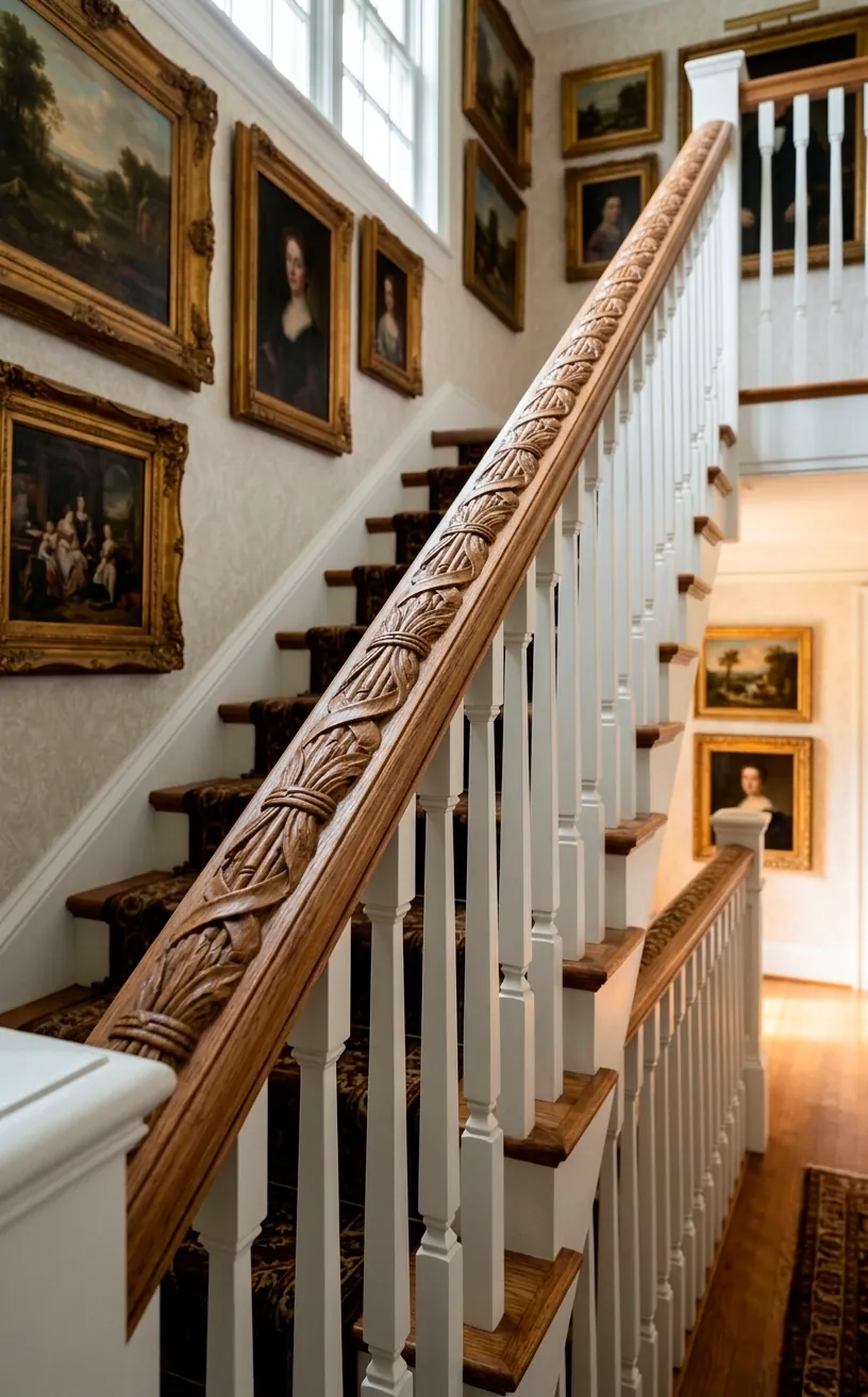 Neoclassical ribbon and reed hand-carved pattern on a traditional oak staircase railing.