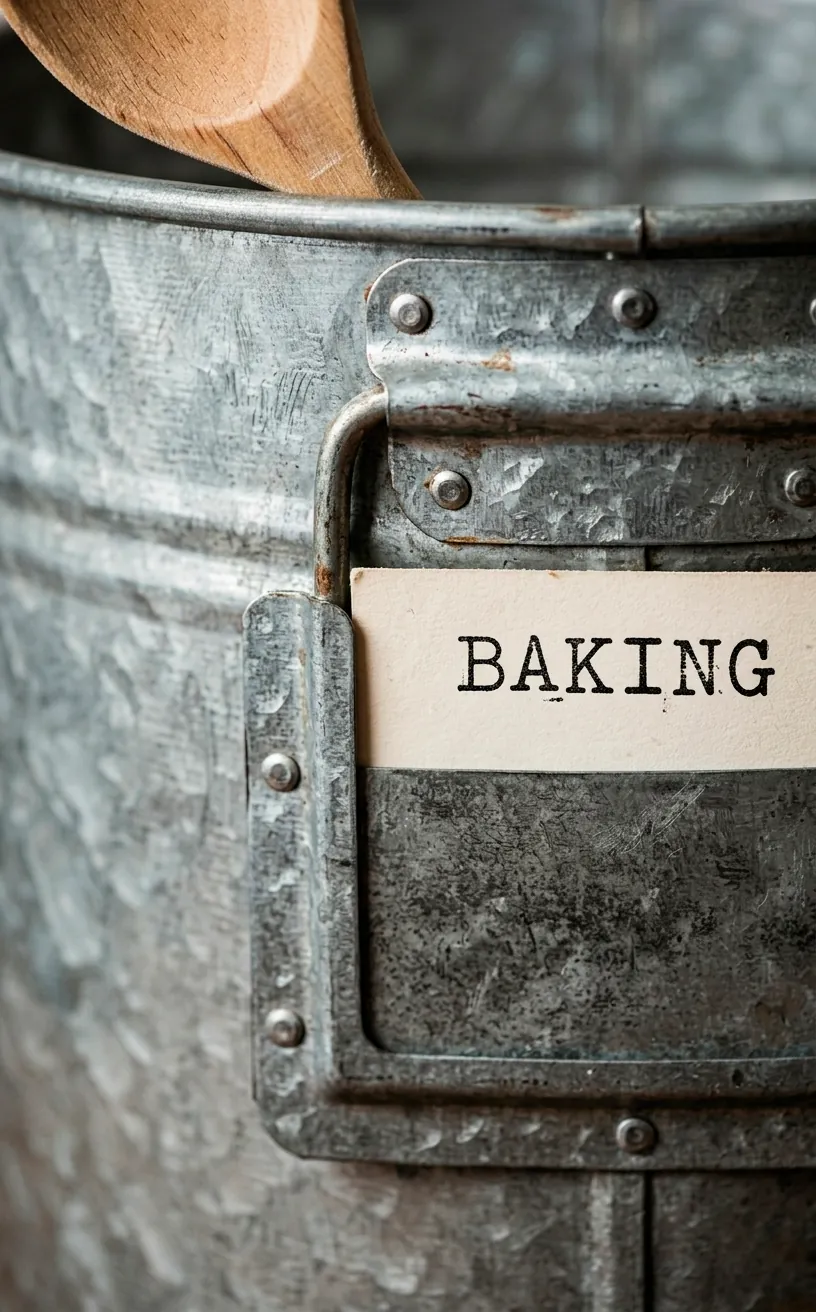Detail of a galvanized metal pantry bin with a 'Baking' label and metal handle.