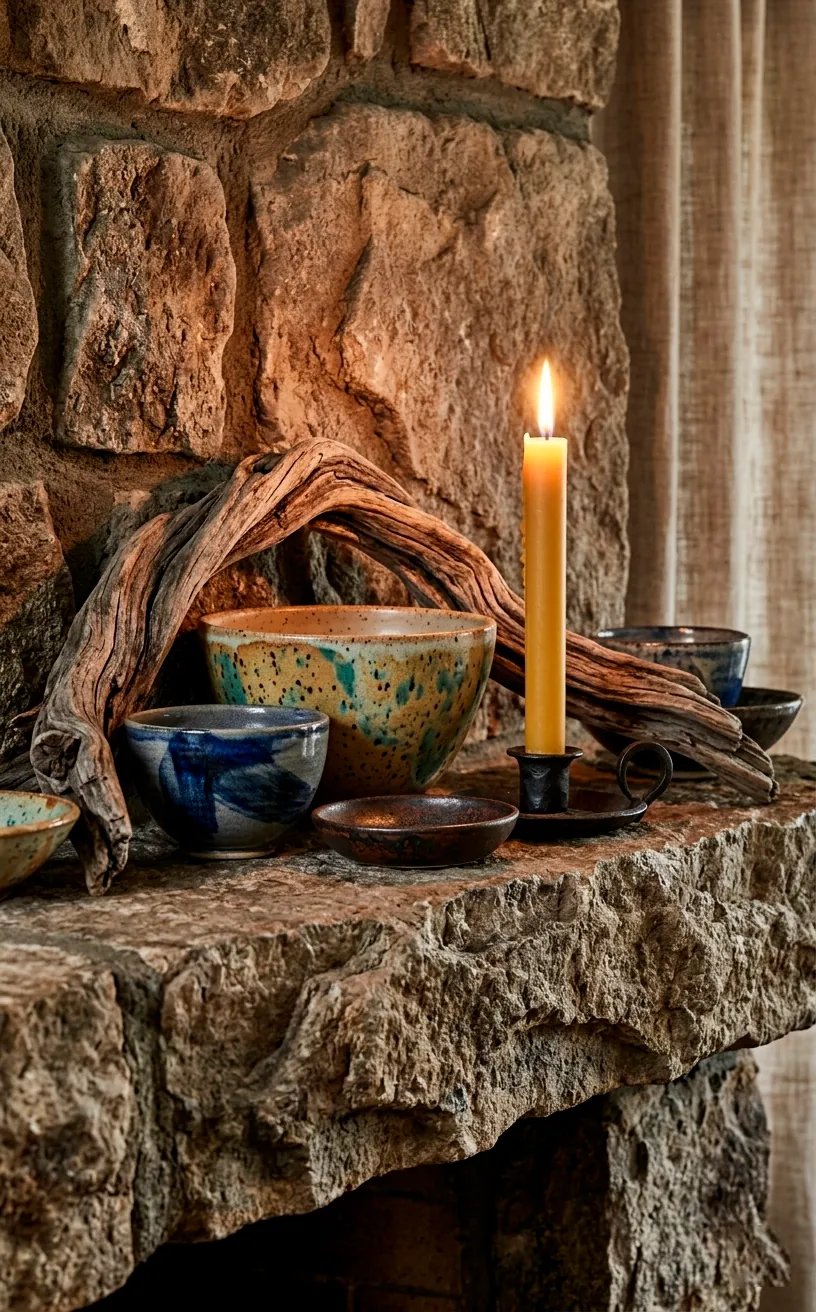 Rough stone mantle with artisanal pottery and natural wood accents.