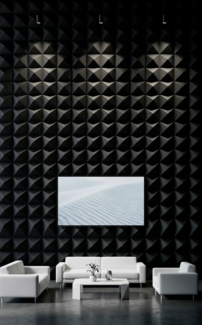 3D matte black geometric panel wall with mounted television.