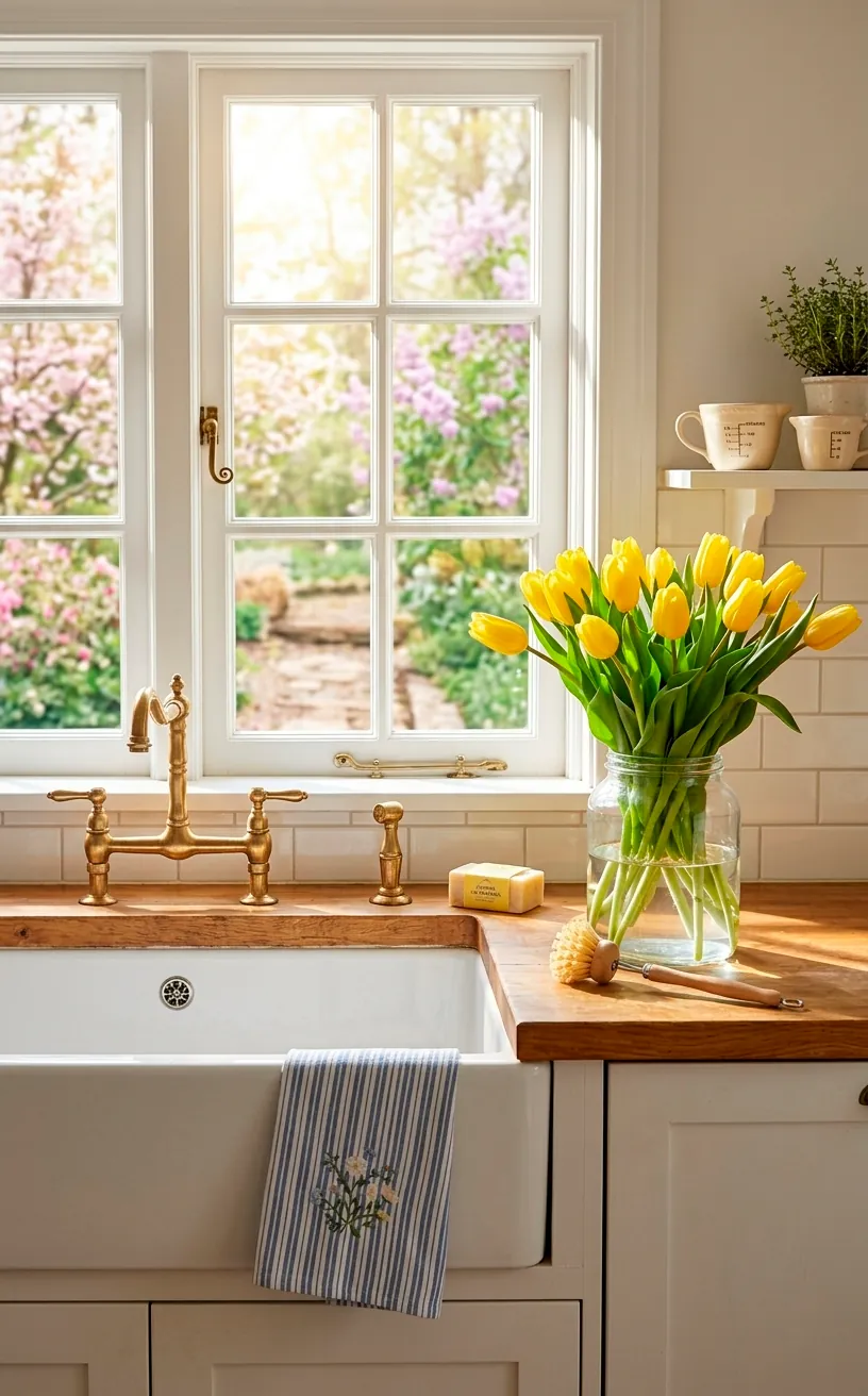 Fresh yellow tulips in a glass vase next to a sunny farmhouse sink.