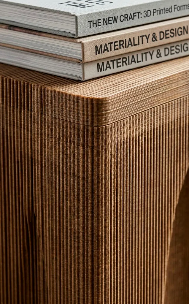 Macro shot of the unique texture of a 3D-printed recycled wood-composite table.