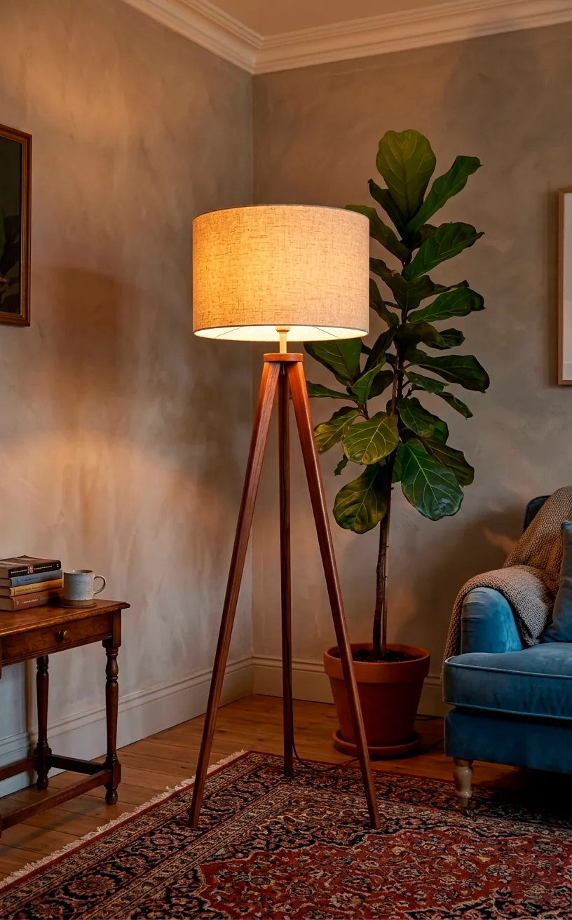 Tripod floor lamp with teak wood legs and a white linen shade in a living room.