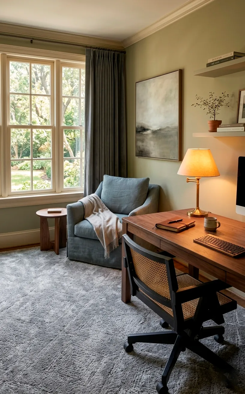 Complete cozy home office with gray plush rug and warm glowing lamps.