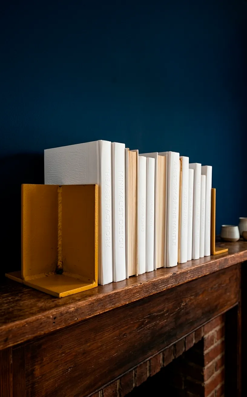 Mustard yellow metal bookends holding white books on a mantle.