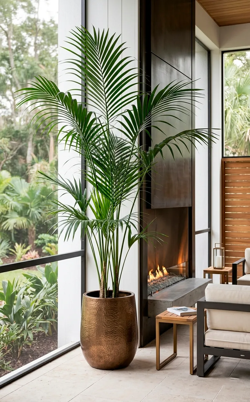 Elegant Kentia Palm in a bronze planter on a modern porch.