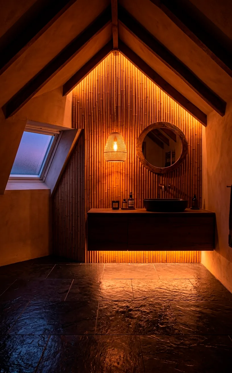 Modern attic bathroom with warm ambient LED lighting behind bamboo panels and slate floors.