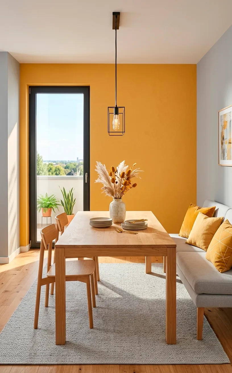 Bright dining room with ochre accent wall and dove grey decor.