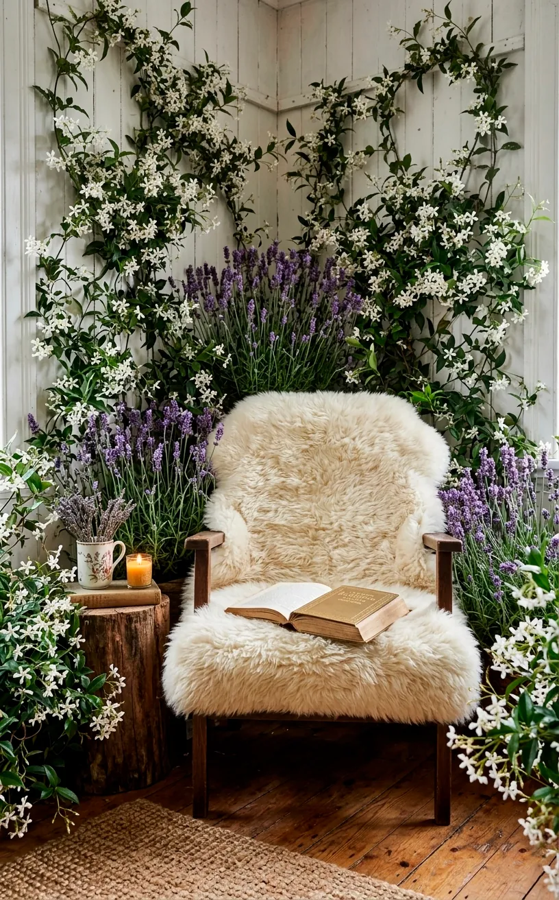 Cozy reading nook surrounded by fragrant indoor plants and soft textiles.