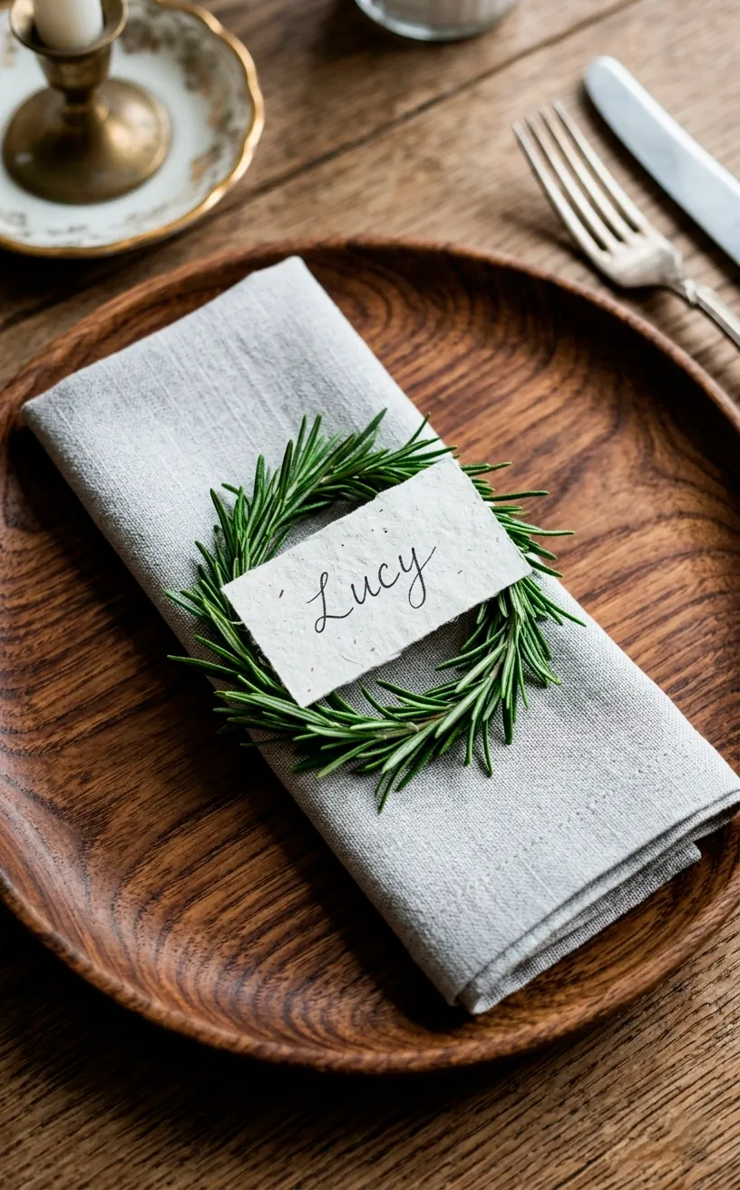 Sustainable place setting with rosemary napkin ring and wooden plate.