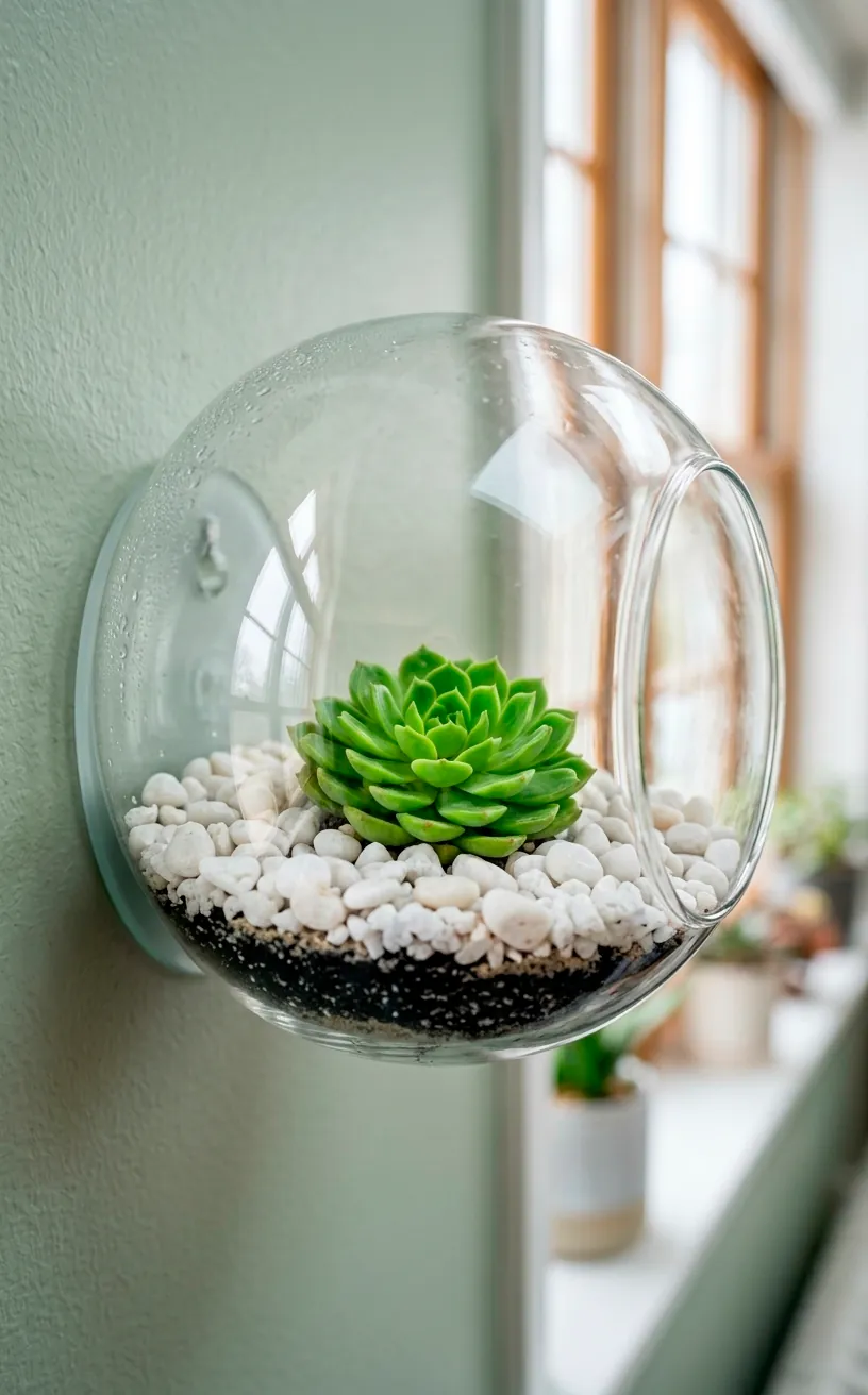 Detail of a circular glass wall terrarium with a succulent and white pebbles.