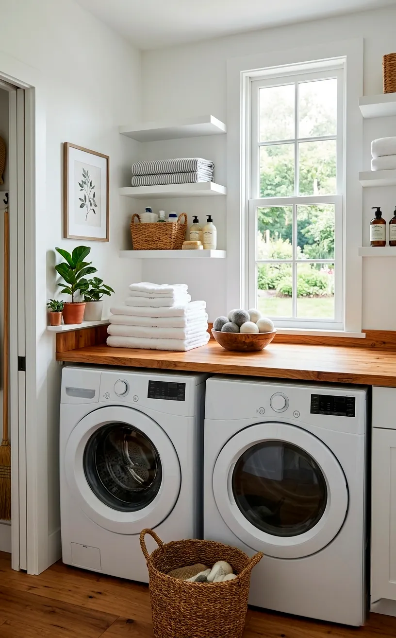 Butcher block countertop over washer and dryer for a folding station.