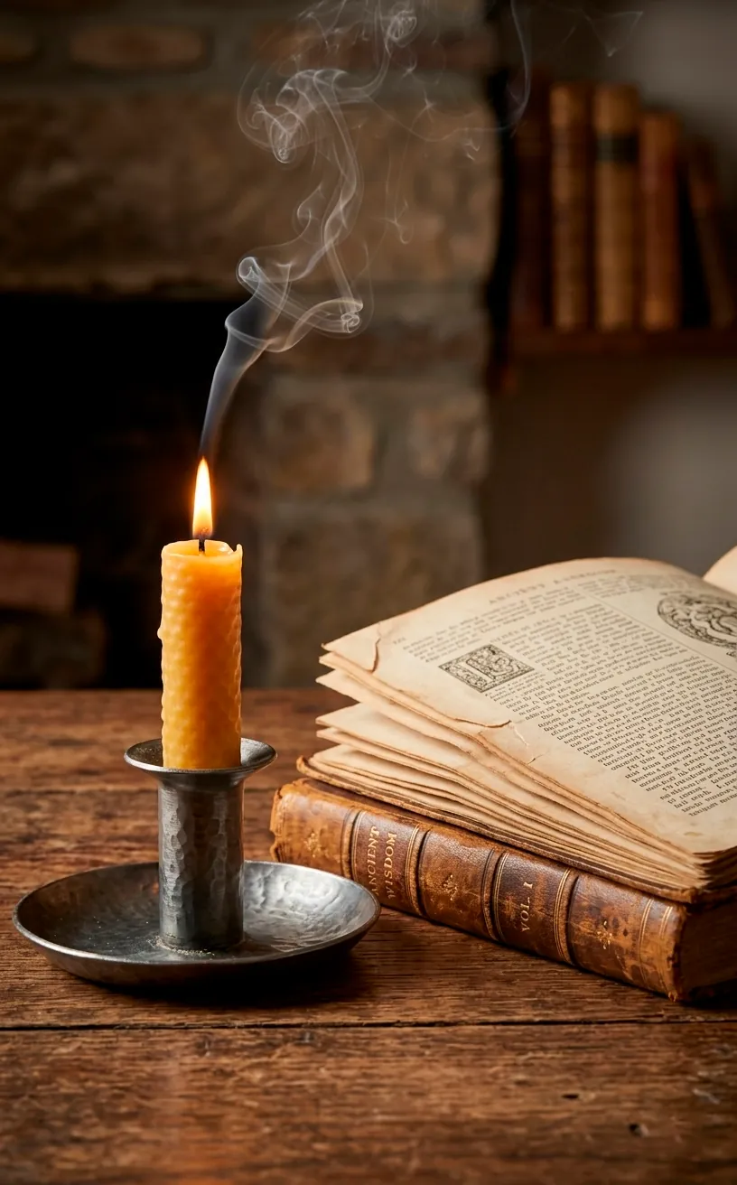 Beeswax candle and an old book with wisps of smoke.